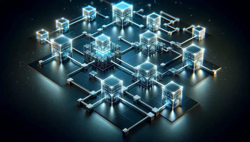 Illustration of a decentralized blockchain network, showcasing interconnected blocks symbolizing various transactions, highlighting the innovative and secure structure of blockchain technology.