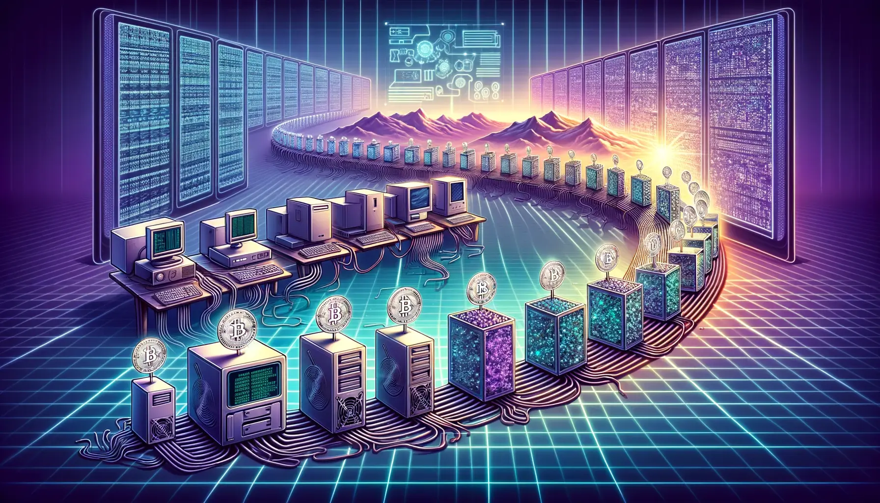 Timeline illustration of Proof of Work evolution in cryptocurrency, featuring 1990s computers to futuristic mining rigs, with a background transitioning from binary code to advanced digital interface.
