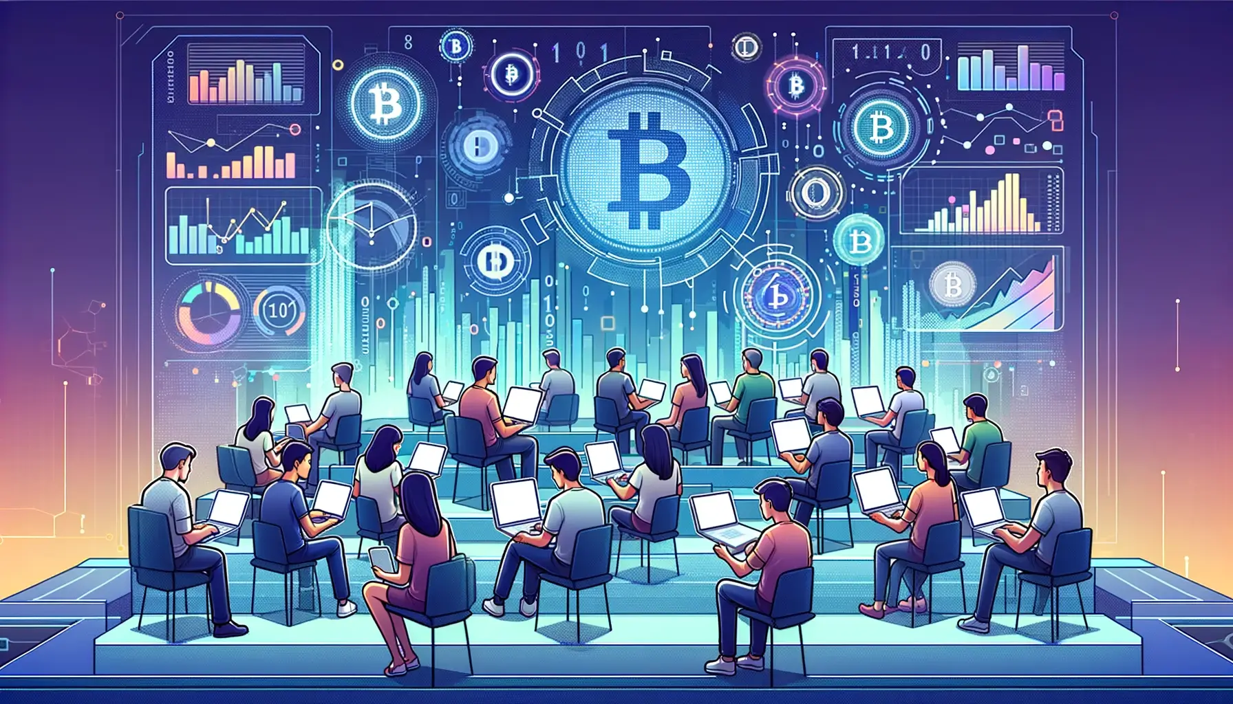 Dynamic digital landscape banner for cryptocurrency blog, featuring a diverse group of people learning on laptops and tablets with generic financial graphs
