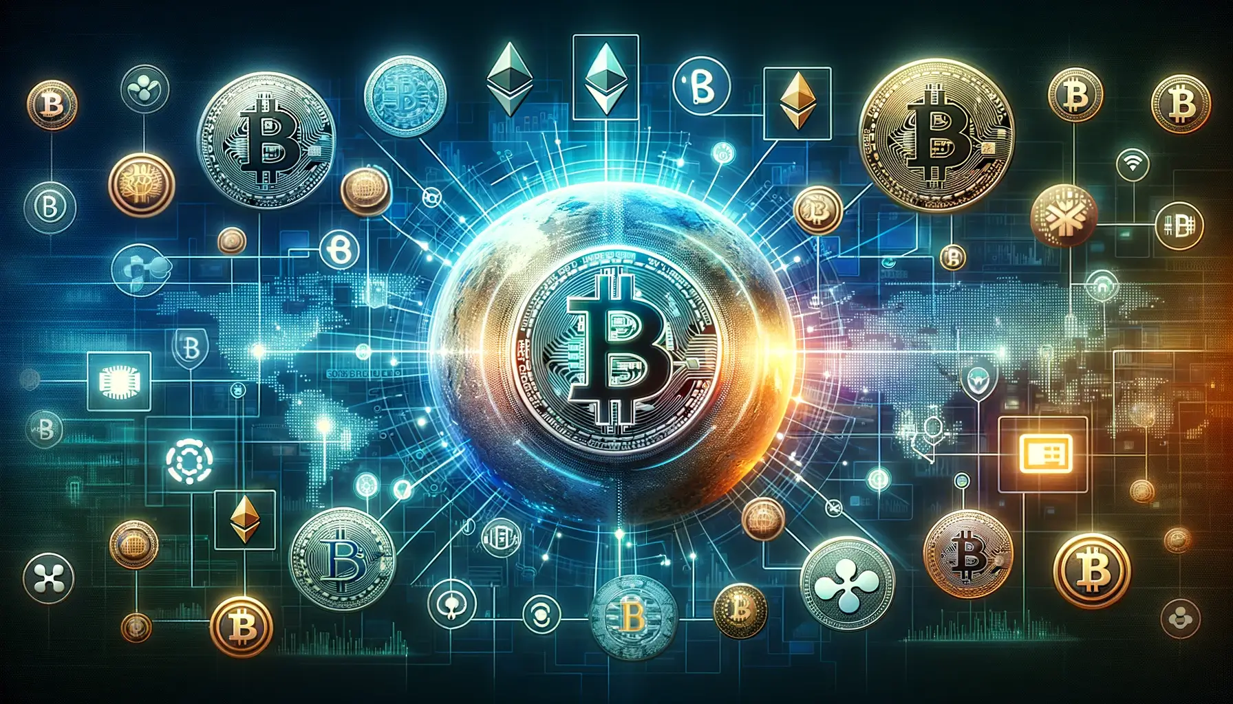 Digital collage of cryptocurrency icons including Bitcoin, Ethereum, and Ripple against a futuristic financial background.