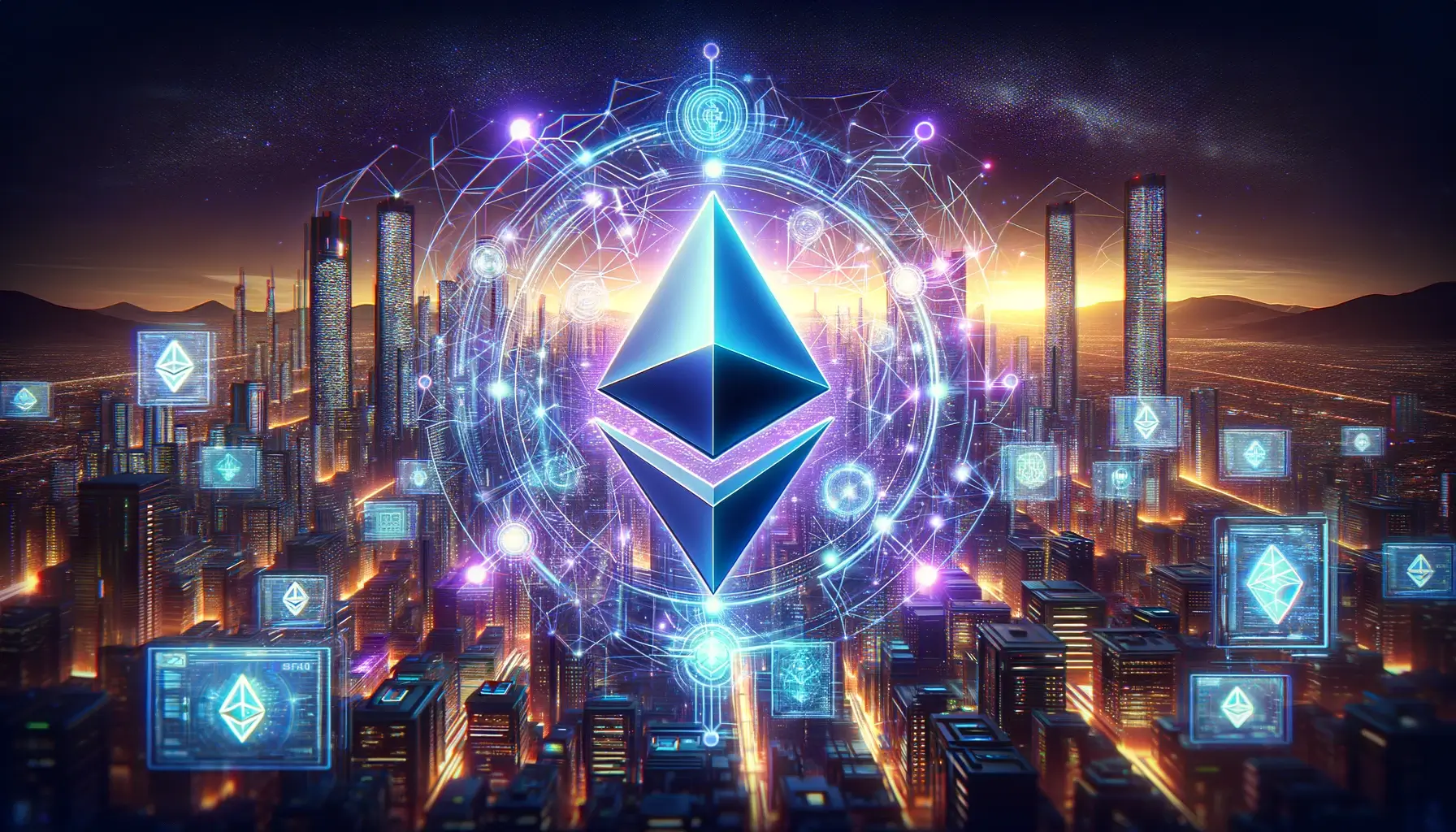 Futuristic Ethereum and blockchain digital landscape with glowing Ethereum logo, interconnected nodes, and high-tech cityscape displaying cryptocurrency symbols.