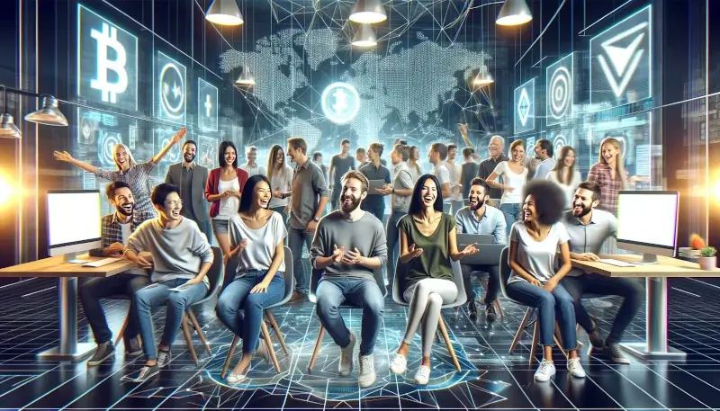 Happy diverse crypto community engaging in a modern digital environment with laptops and abstract cryptocurrency graphics.