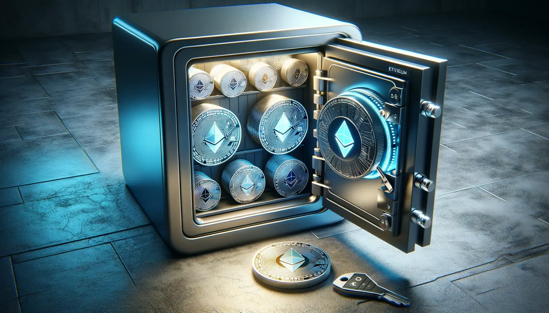 Steel safe open on textured floor revealing Ethereum coins and wallets, with digital key and Ethereum logo, in a blue and black high-tech setting.