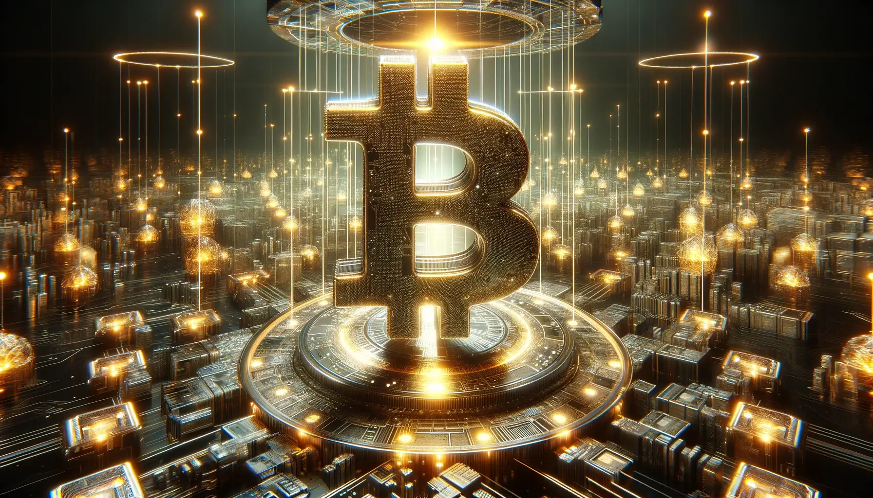 Futuristic Bitcoin Concept - Interconnected Blockchain Nodes and 3D Logo on Dark Background